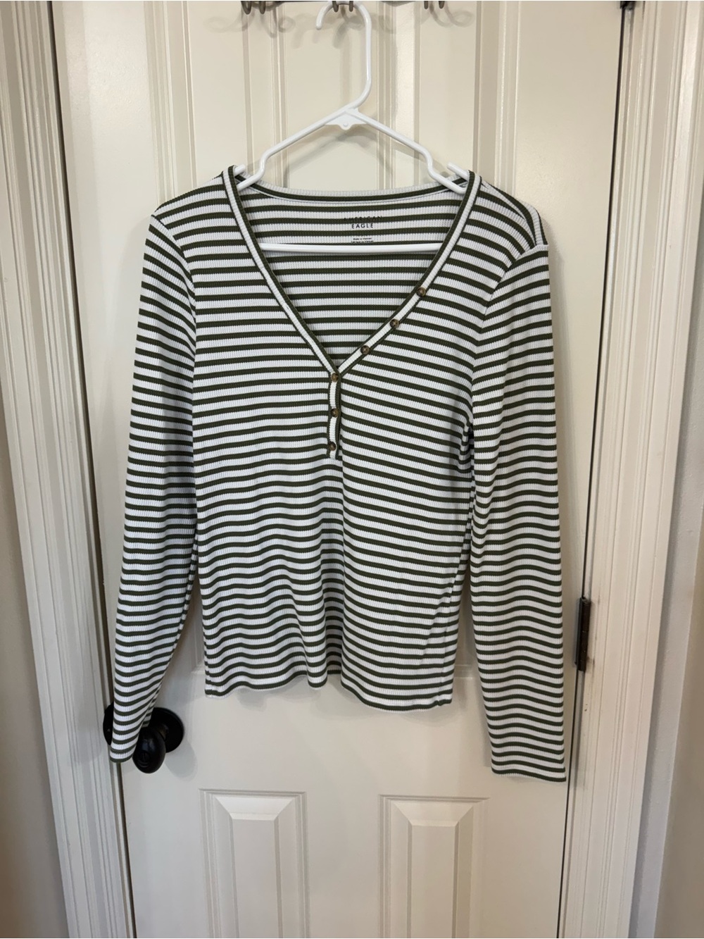 American Eagle Outfitters Olive Green and White Striped V-Neck Long Sleeve Top